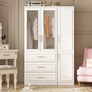 Modern White Wardrobe Cabinet with 8 Doors, Hanging Rods, Gold Handles, Glass Doors, and 3 Drawers, Perfect for Bedroom or Cloakroom