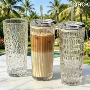 Viral 16oz/480ml Large Modern Glass Coffee Mug, Transparent Glass Cup with Airtight Lid & Reusable Straw, BPA Free Lead Free Leak-Proof Dishwasher Safe, for Iced Coffee Cold Brew Smoothie Juice Tea, Birthday Housewarming Gift for Home Office Travel Use