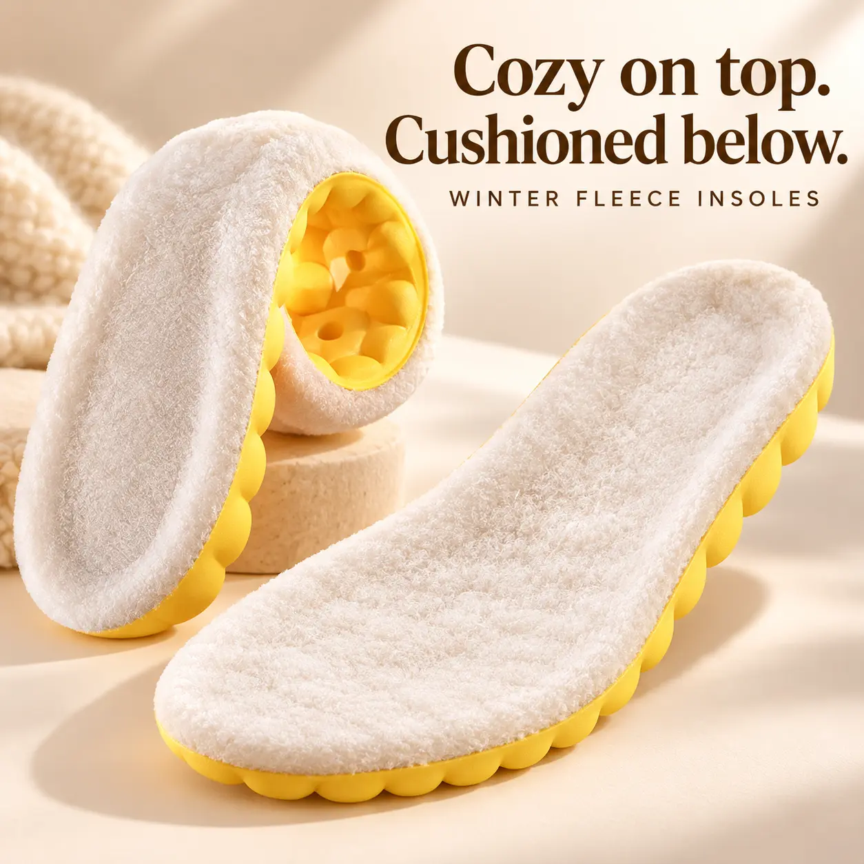 Winter fleece insoles, warm plush shoe inserts with soft pu cushioning, trim-to-fit for boots and everyday shoes