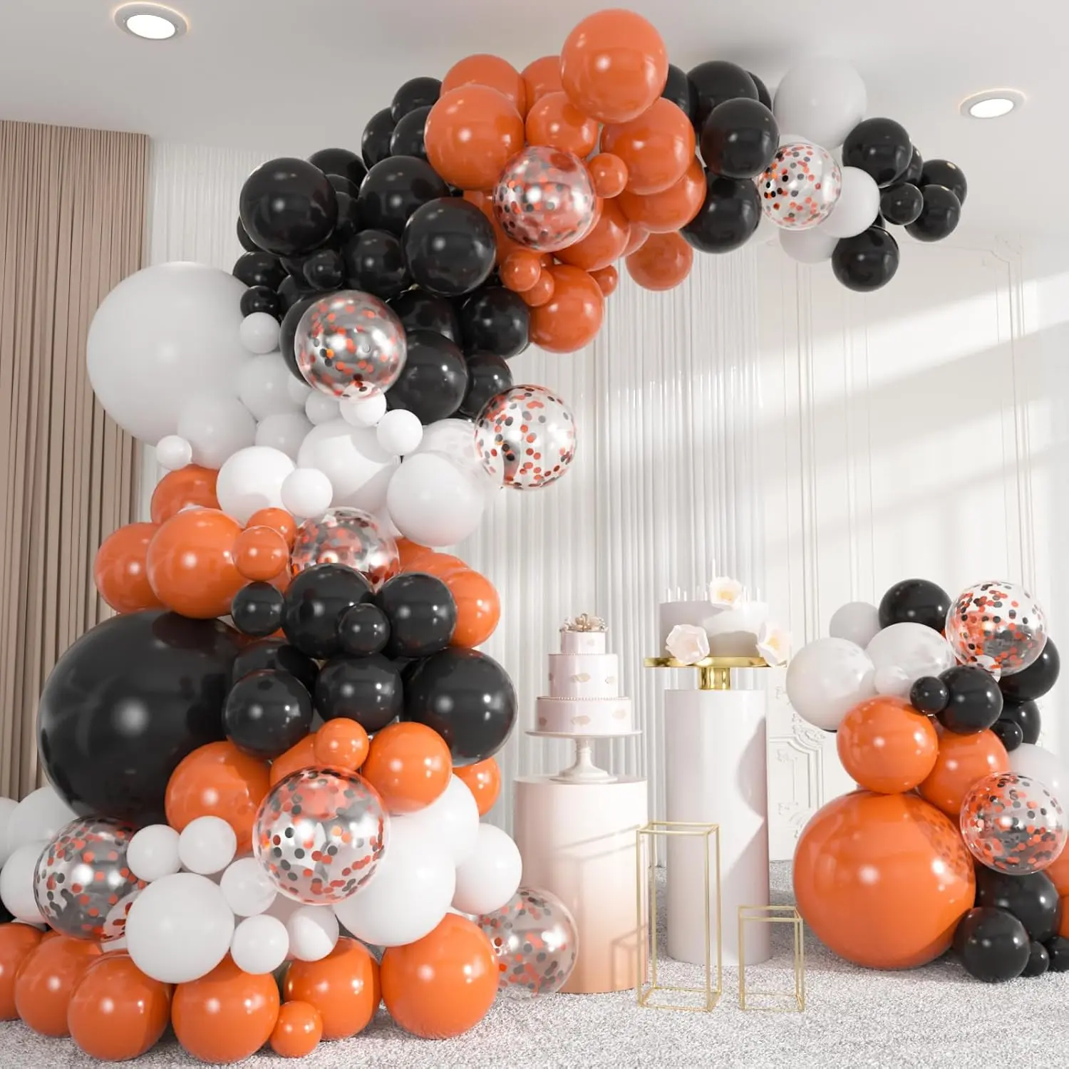 136pcs Orange and Black Balloons Arch Kit, 18/12/10/5 Inch Black White Orange Confetti Latex Balloons for 2026 Graduation, Birthday, Halloween Party Decorations
