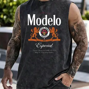 Lion Men's Printed Vintage Washed Vest, Loose Fit, Casual Street Style,Men's Casual Crew Neck Sleeveless Washed Vest,  Perfect For Summer Vacations. Features A Stylish Print And Y2K Street Style