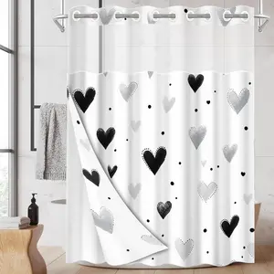 1pc hookless shower curtain with buckle lining, black and white heart polka dot patchwork design, 2D flat printing, waterproof fabric lining, see-through double-layer shower curtain, 71 x 74 inches, modern home draping curtain.