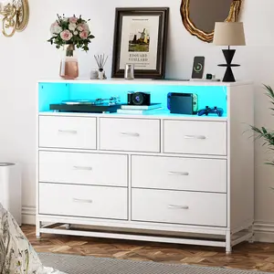 Flash sale home items Modern 7-Drawer Dresser with Charging Station & LED Lights – Spacious Wooden Storage Chest – Wide Long Design – Ideal for Bedroom, Living Room, Hallway Power Outlet