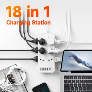 Power Strip Surge Protector, 18 in 1 Charging Station, with 12 AC Outlets and 6 USB Charging Ports (4 USB A & 2 USB C ), Flat Plug, 5 Ft PVC Extension Cord, Fire-Resistant Suitable For Home, Office And Travel