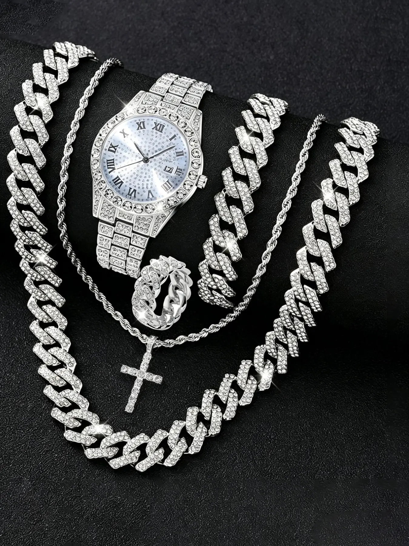 Luxury Party Men's Silver Color Rhinestone Watch Set with Calendar, Stainless Steel Strap, Analog Quartz Movement, Perfect Gift for Christmas & Birthdays