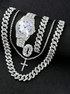 Luxury Party Men's Silver Color Rhinestone Decorated Fashionable Wristwatch with Calendar, Stainless Steel Strap, Quartz Movement, Perfect Gift for Christmas & Birthdays