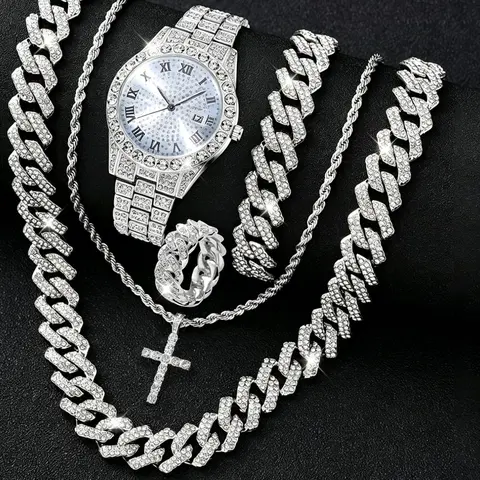Men's Silver-Tone Watch & Jewelry Set, Rhinestone Watch with Calendar, Includes Cuban Link Chain, Cross Necklace, Bracelet and Ring, Perfect Gift for Christmas & Birthdays, Trendy Watch Set, Exquisite Watch Set