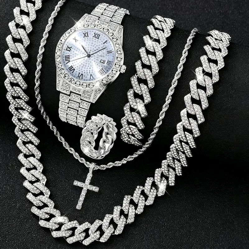 Men's Silver-Tone Watch & Jewelry Set, Rhinestone Watch with Calendar, Includes Cuban Link Chain, Cross Necklace, Bracelet and Ring, Perfect Gift for Christmas & Birthdays, Trendy Watch Set, Exquisite Watch Set
