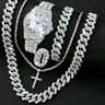 Men's Silver-Tone Watch & Jewelry Set, Rhinestone Watch with Calendar, Includes Cuban Link Chain, Cross Necklace, Bracelet and Ring, Perfect Gift for Christmas & Birthdays, Trendy Watch Set, Exquisite Watch Set