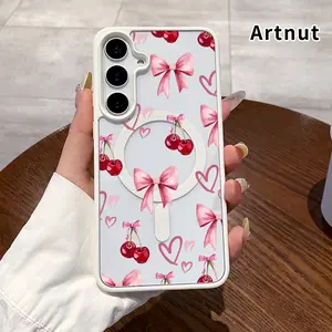 Magnetic Soft Phone Case Compatible with Samsung Galaxy S23 Ultra S24 Plus S25 S22+ FE Cherry Bow Heart Pattern Anti-Yellowing Shockproof Ultra-Thin Silicone Crystal Transparent Acrylic Cover Supports Wireless Charging.