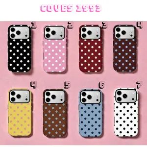 Korean Luxury Polka Dot iPhone Case + 5 FREE Stickers - Soft Girl Y2K Aesthetic Dual Shell Cover - Premium 2-Piece Shockproof Tough Case for iPhone 17 16 15 14 13 12 11 Pro Max Plus X XR