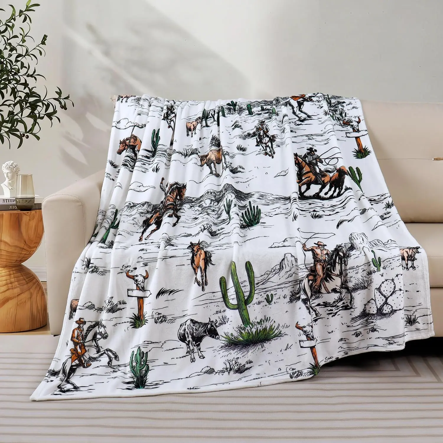Vintage Wild West Throw Blanket Western Cowboy Desert Cactus Sketch Pattern Soft Flannel Blanket Rustic Farmhouse Country Home Decor