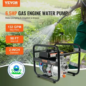 VEVOR Gasoline Powered Trash Pump, 2 in/50 mm, 6.5HP 132 GPM 4-Stroke Gasoline Engine Water Transfer Pump with 98 ft Max Lift 26ft Max Suction Inlet Filter, Cast Iron Impeller for Irrigation Pool
