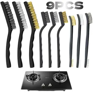 9-Piece Durable Steel, Nylon and Copper Wire Brush Set with Comfortable Plastic Handle, Home Care Stain & Rust & Paint Remover Tool for Metal & Kitchen Use, Ideal Gift, Stain Remover