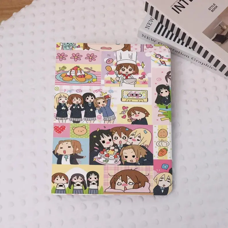 Cute Kawaii Chibi Anime Girls Collage iPad Case with Pencil Holder, Flat 2D Print Japanese Comic Art Pastel Pink Trifold Stand Smart Protective Cover