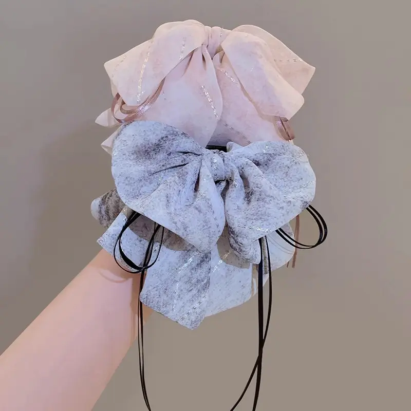 2PCS Chiffon Bow Ribbon Low Ponytail Hairpin Female 2025 New High-End Dopamine Updo Hair Claw Hair Clip Headdress