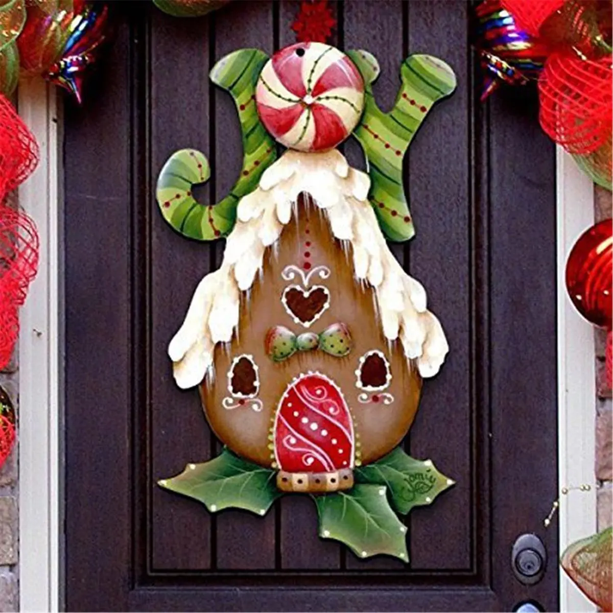 212 MAIN Jamie Mills-Price Nature-Inspired Artistic Hand-Painted Christmas Wood Gingerbread House Door Hanger, Lightweight Hanging Home Decor Ornament for Holiday Gifting