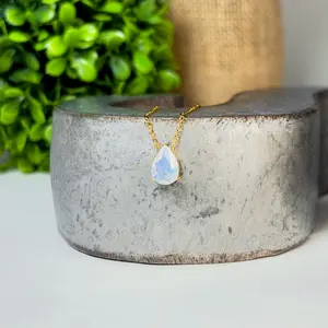 Dainty Opal Birthstone Necklace – Pear Cut Gemstone Pendant – Dainty January Birthstone Jewelry – Minimalist 18k Gold Necklace