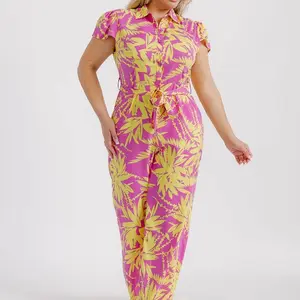 Plus Size Short Sleeve Button Up Front Pockets Leaf Print Wideleg Jumpsuit in Comfortable Blend of 95% Polyester & 5% Elastane Fabric Womenswear Overalls Rompers Style Stretchy Day Piece
