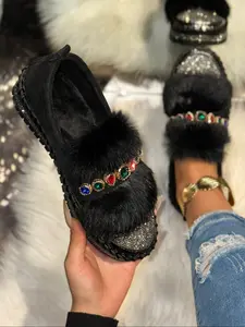 Autumn Winter New Plush Water Drill Platform Women's Shoes, Thick Sole Height Increasing Slip-On, Luxurious Gem Decorated Fur Single Shoe Flatform