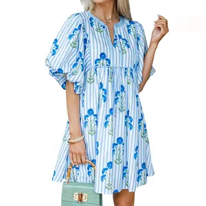 Mntaor Women's Sky Blue Floral Striped Mini Dress with Tie Notched Neck & Puff Sleeves Easy to Wear for Brunch Shopping or Weekend Getaways