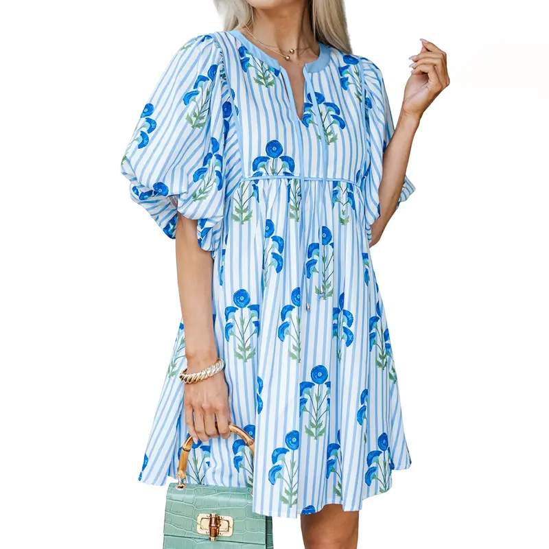 Mntaor Women's Sky Blue Floral Striped Mini Dress with Tie Notched Neck & Puff Sleeves Easy to Wear for Brunch Shopping or Weekend Getaways