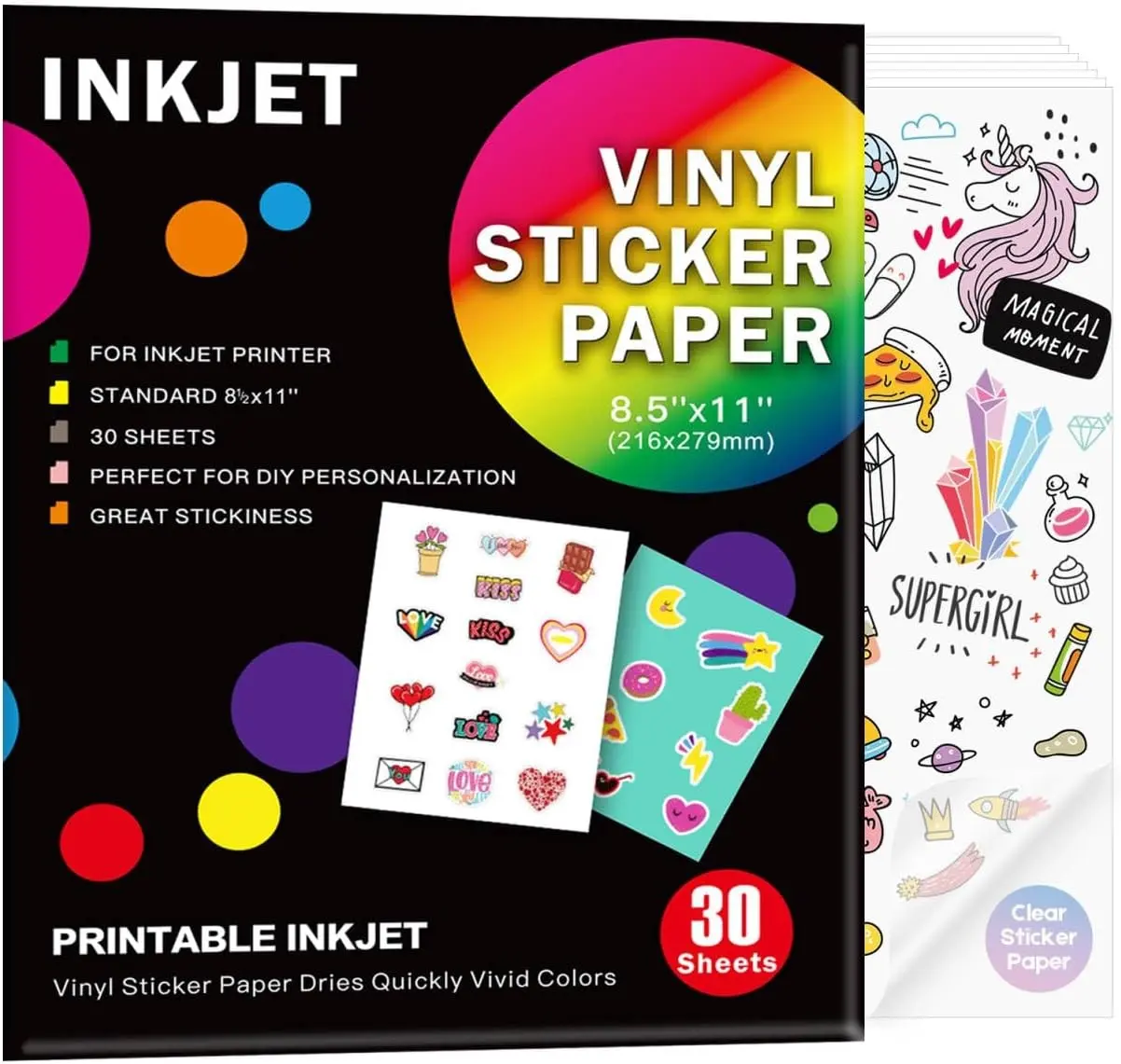 Clear Printable Vinyl Sticker Paper, 30 Sheets for 8.5x11 Inches | Waterproof for Inkjet Printers, Compatible with Cricut, Quick Dry, Tear Resistant, Vivid Colors for DIY Crafts&Labels