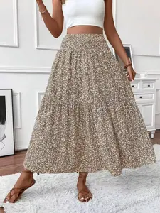 Women's Summer A-Line Long Dress, Small Floral Pattern, Casual Elastic Waistband, Pleated Hem, Comfortable and Stylish