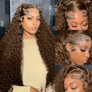Chocolate Brown Lace Front Wigs Human Hair 13x6 HD Deep Wave 180 Density Deep Curly Lace Frontal wigs for black women Pre Plucked with Baby Hair Natural Hairline