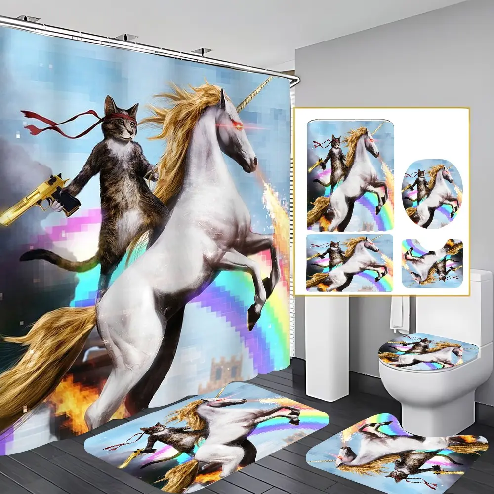 4 Pcs Cat Riding Unicorn Bathroom Curtain Sets with 12 Hooks,Funny Cat Unicorn Large Waterproof Thickened Mildew Proof Bathroom Partition Curtain,Bathroom Shower Curtain,Toilet Lid Cover,Non-Slip Bathroom Rugs and U Shape Bath Mat