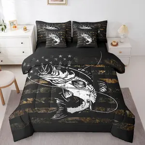 Feelyou 7-Piece Camouflage Fish Bedding Set - Microfiber Cloth, Breathable, High-Tenacity Multi-Size Comforter Set with Sheets for Kids Boys, American Flag Camo for Fishing, Hunting Themed Beds