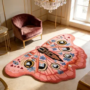 Light luxury and high-end living room carpet pink butterfly bedroom decoration dressing table rug irregular shape bedside bay window plush carpet fluffy and soft cloakroom washable floor mat large area lounge non-slip rug