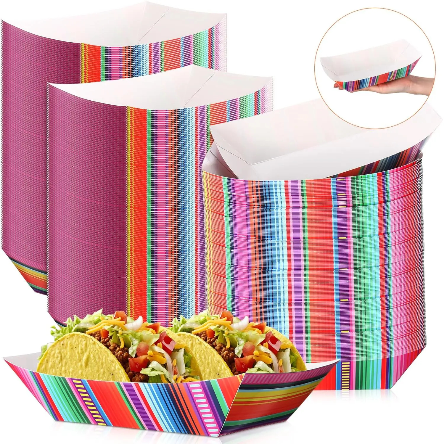 100-Count Synthetic Paper Oil-Proof Disposable Mexican Fiesta Nacho Trays (8x4.7 in, 3 lb), Disposable Kitchenware for Birthday, Cinco De Mayo Parties (Taco, Hot Food Use)