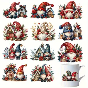12PCS/SET 2D Flat Stickers for Holiday Santa Claus and Goblin UV Transfer Printing - Waterproof Self-adhesive Stickers Suitable for Cups, Glassware, Laptops, Phone Cases - Christmas Themed Design Including Houses, Stars, Holly Leaves, 2D Flat