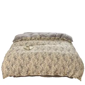 Pure Cotton and Linen Four Piece Set Vintage Floral Button Style All Cotton Bed Sheet Fitted Sheet Duvet Cover Three Piece Set Class A Bedding