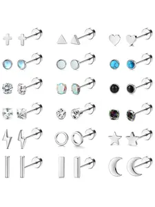 18 Pairs Silvery Cartilage Stud Earrings Set for Women Men Slim Flat Back Helix Jewelry Brilliant CZ Tender Opal Moon Star Heart Classic Geometric Patterns Tiny Stainless Steel Studs Cute Aesthetics with Versatile Wearability for All Genders