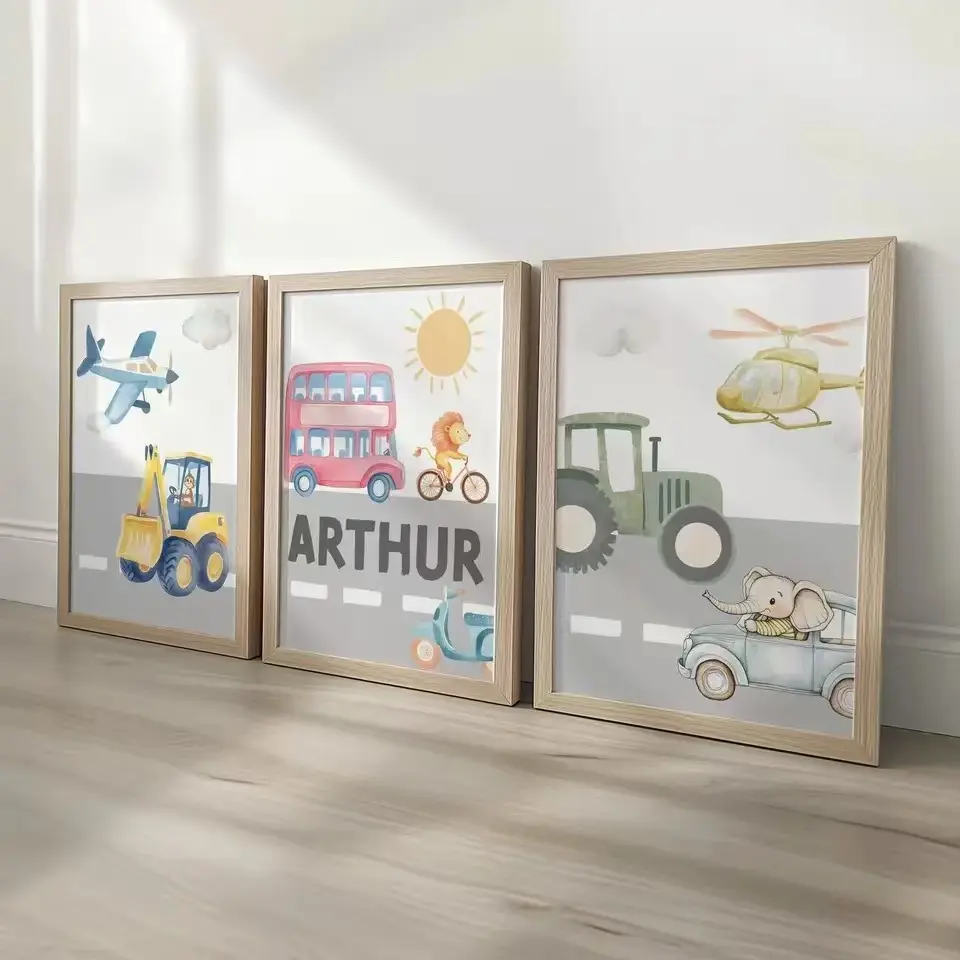 3pcs Personalized kindergarten Wall Decoration Painting, Wildlife Park, Boys' Bedroom Decoration Gift, Children's Room Frameless Poster, Home Decor Accessory For Transportation