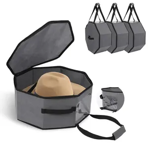 3-Pack Cowboy Hat Boxes for Storage & Travel - Hardboard Base Carry-on Hat Carrier with Handles & Luggage Strap for Fedora, Sun Hat, Baseball Caps (Grey)