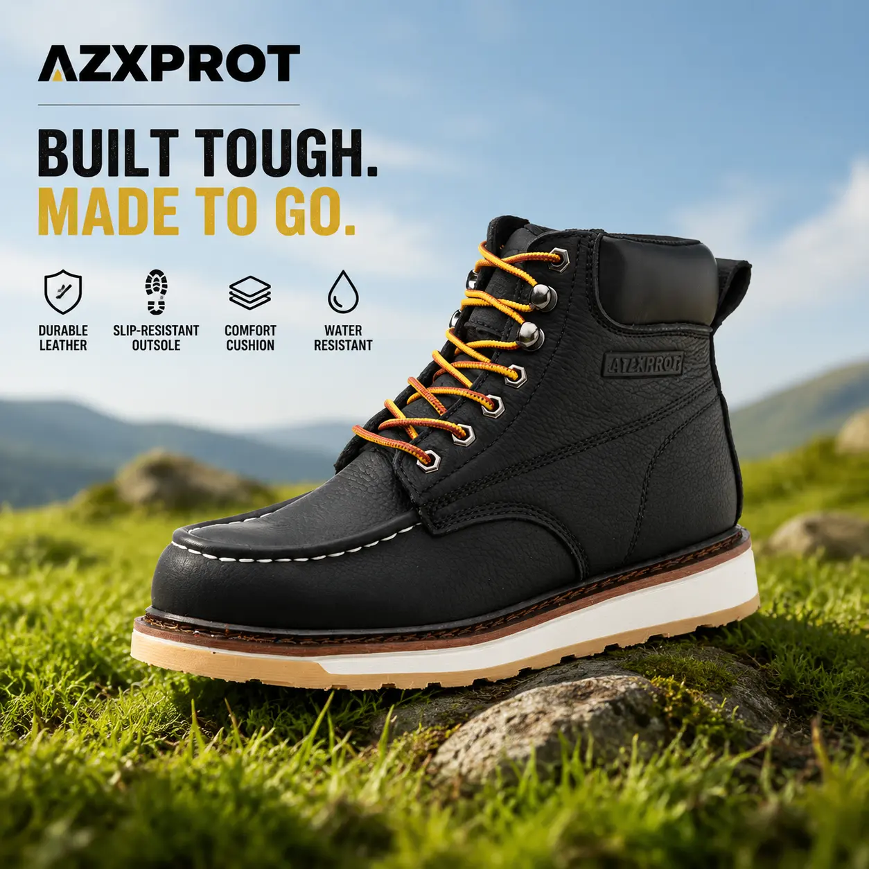 AZXPROT Men's Genuine Leather Ankle Boots, Mens Casual Combat Boots, Motorcycle Dress Boots, Durable Non Slip Work Boots For Daily Wear, Riding & Outdoor Activities