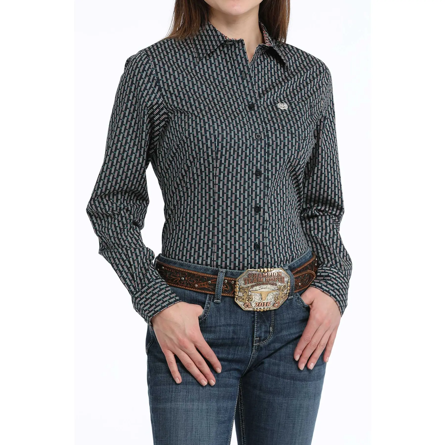 Cinch Ladies Navy Geometric Print Button Down Shirt MSW9164236