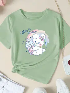 Cute Rabbit Print Comfortable Casual Short Sleeve Round Neck T-Shirt for Girls, Stylish Daily Wear Top, Perfect for Spring & Fall