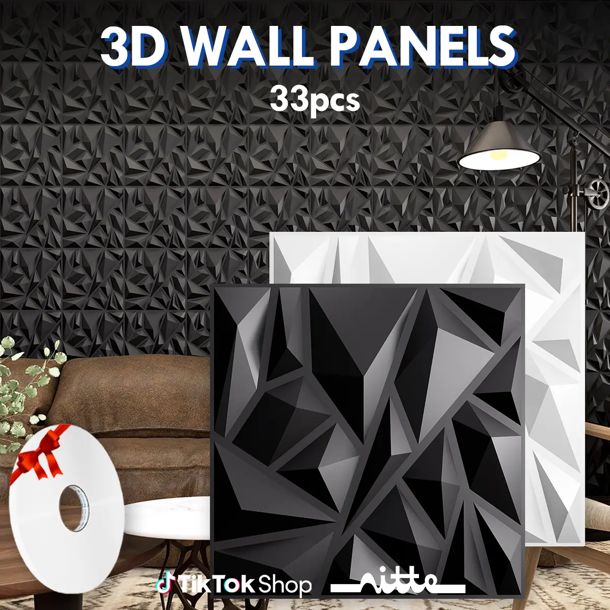 Nitte 33PCS PVC 3D Wall Panels with Diamond Jagged Design, 11.8"x11.8" (30x30cm) – Perfect for Living Room Accents, Bedroom Walls, Kitchen Enhancements, TV Backgrounds, Feature Walls, and Logo Decorations