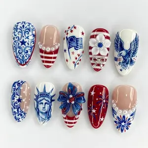 Luxury 4th of July Press On Nails | American Flag Patriotic Nail Set | Red Blue White Pearl Star Nails
