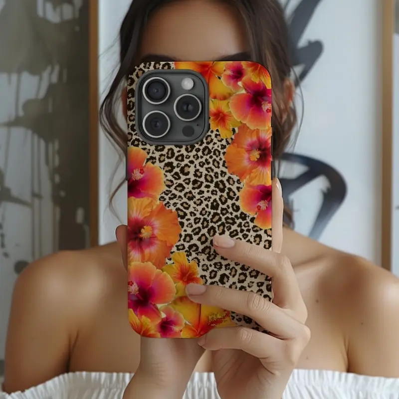 Leopard Hibiscus Smartphone Cellphone Case - Tropical Floral Summer Design, Cheetah Y2K Print, Phone Cover & Accessory Shell Compatible with iPhone 11 12 13 14 15 16 17 Pro Max Air Plus