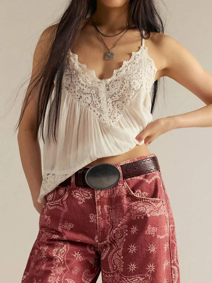Bohina Boho Style Babydoll Tops For Women Y2k Lace Sleeveless Spaghetti Strap Tank Color Cami V Neck Backless Loose Fit Shirts Going Out  Beach Vacation Peplum Streetwear Vintage Clothes