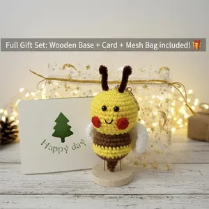 Handmade Crochet Bee Keychain with Wooden Base Versatile 2-in-1 Adorable Knitted Honey Bee Bag Charm Home Desk Figurine Decor Bee Gift for Women Cute Amigurumi Bee Pendant for Backpacks Offices Soft  Unique Craft Gifts for Friends