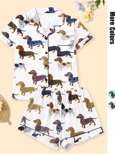 women's cartoon dog print short sleeve matching pajamas two-piece set, casual comfy lapel neck button design pj set for daily home wear, ladies sleepwear for all seasons, loungewear,  womenswear, pastel cute pajamas, breathable stylish pajama