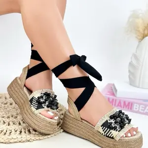 Dewoman Colombian sandals espadrille style  yute sandals with pearl detail on top