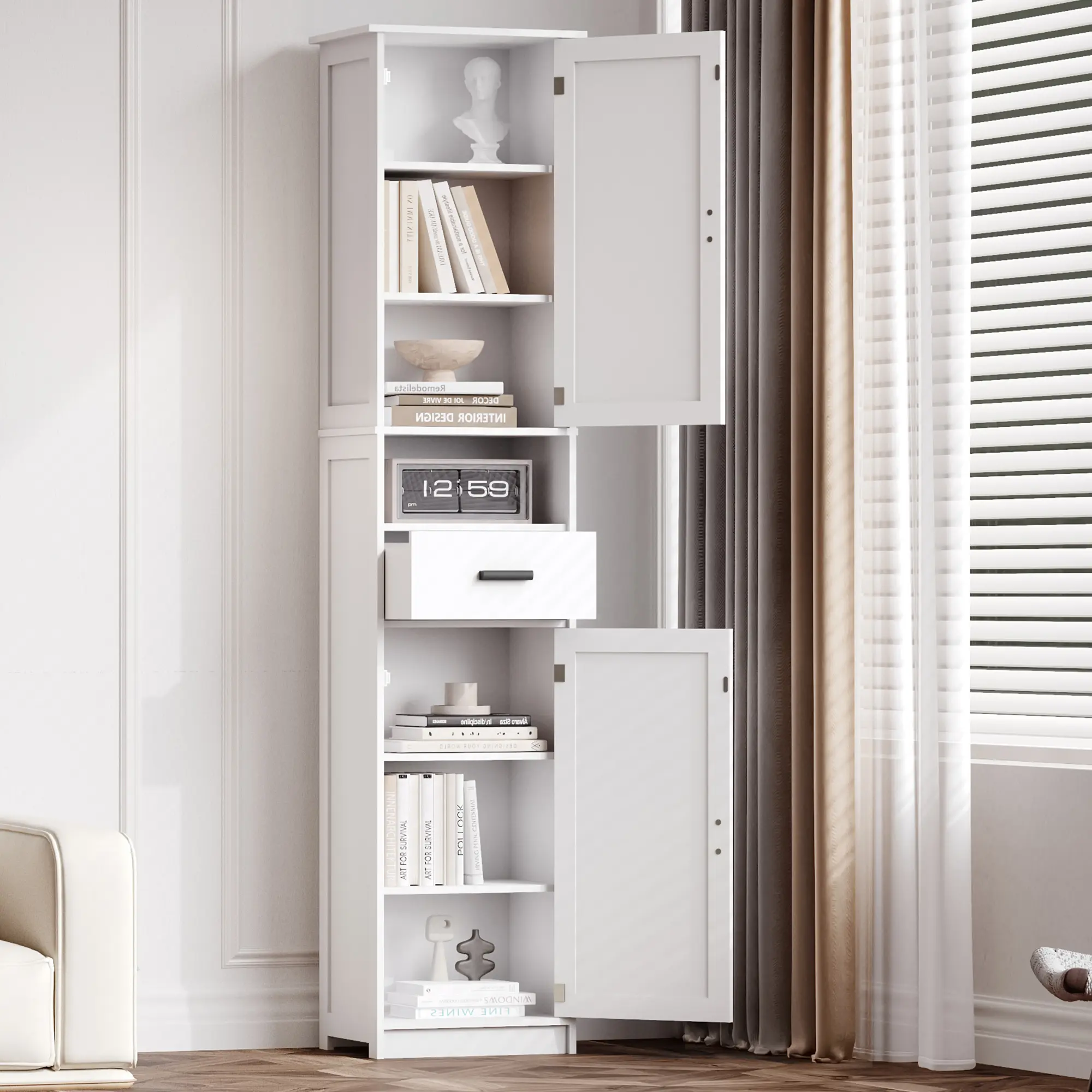 69" H Tall Bathroom Storage Cabinet with 2 Barn Doors and 1 Drawer, Narrow Storage Unit, Adjustable Shelves,Floor Cabinet for Bathroom, Living Room, Entryway,Kitchen,(White)