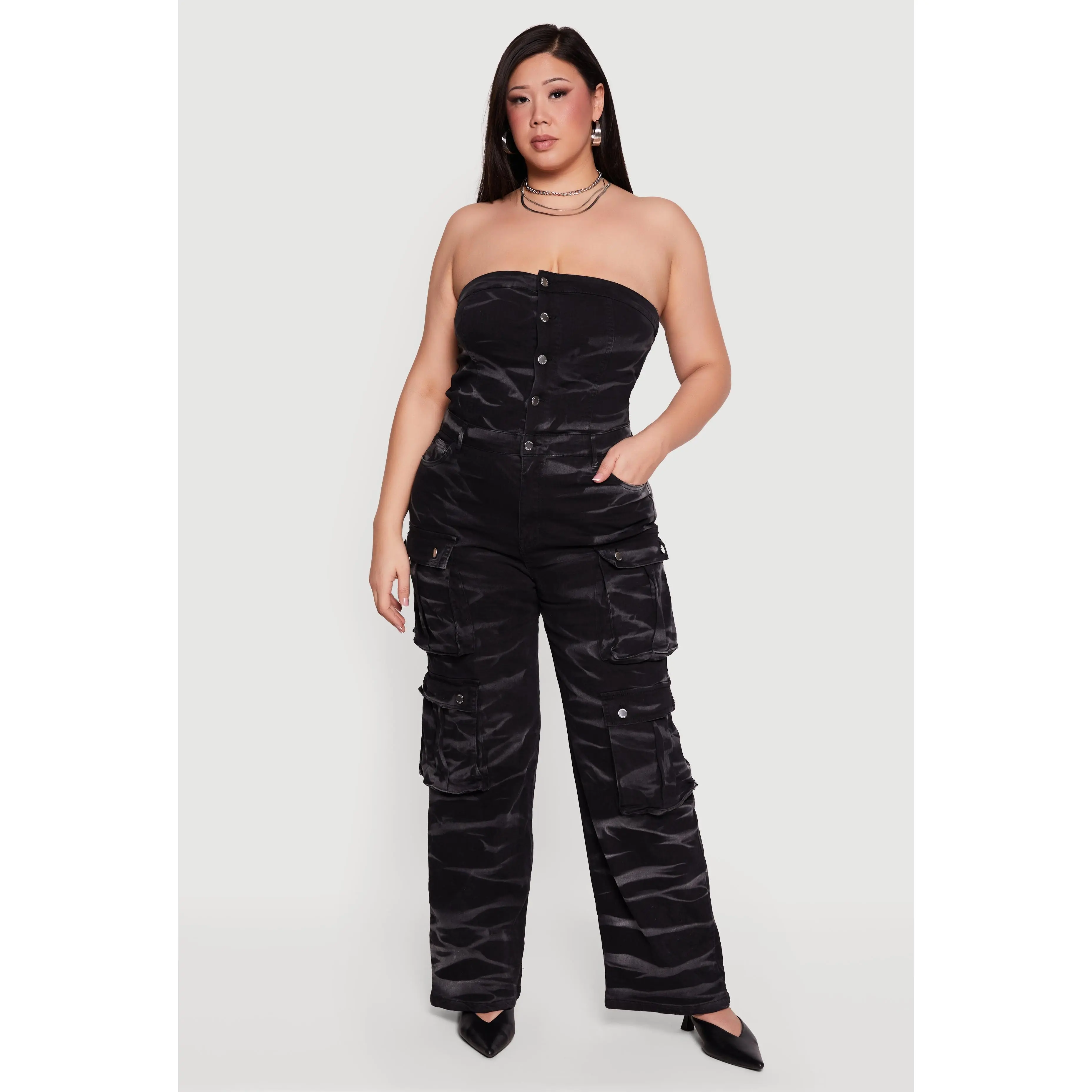 Plus Size Strapless Denim Utility Cargo Jumpsuit